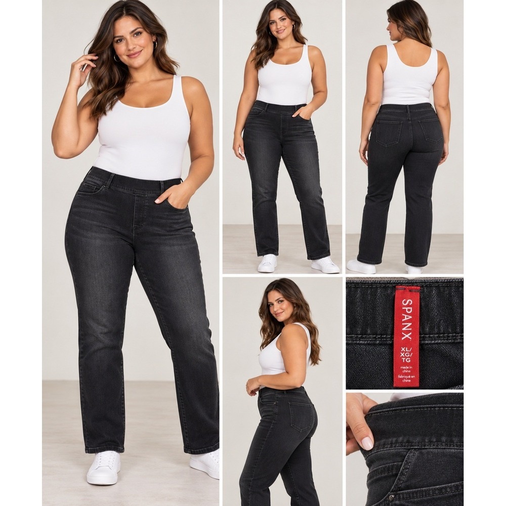 Spanx Ankle Straight Leg Jeans Faded Black Pull On High Rise Size XL